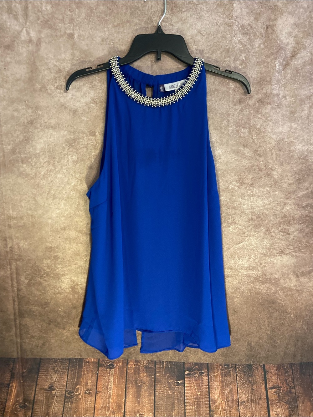 Jennifer Lopez~Blue silky tank with rhinestone embellished neckline~XL~EUC